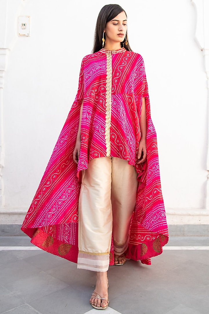 Fuchsia Embroidered High-Low Tunic Set by Palak & Mehak