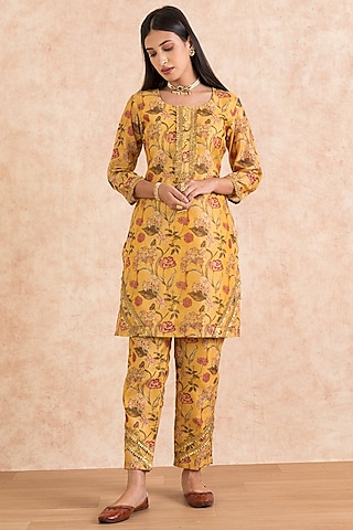 Mustard Floral Printed Kurta Set by Palak & Mehak