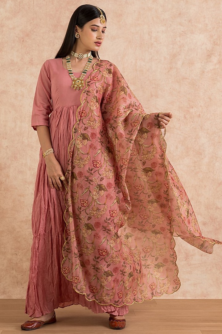 Rose Pink Cotton Anarkali Set by Palak & Mehak