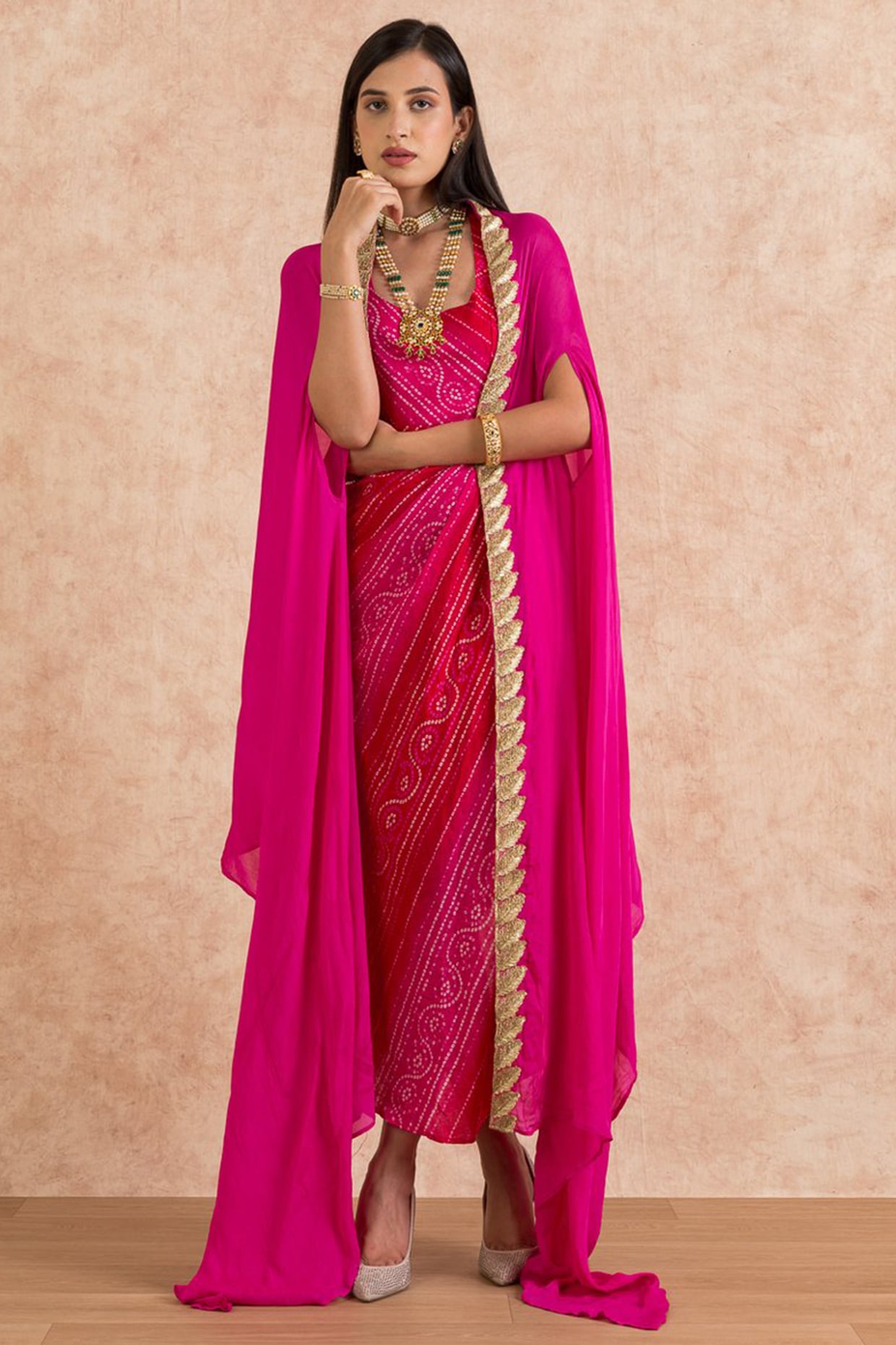 Pink Color Bandhani Print Jacquard Anarkali Dress