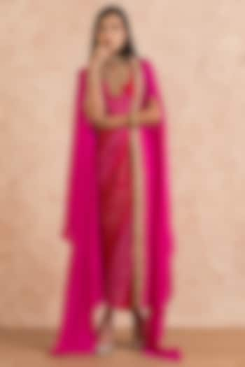 Fuchsia Bandhani Dress With Cape by Palak & Mehak at Pernia's Pop Up Shop