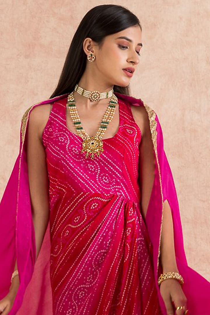 Fuchsia Bandhani Vacation Dress With Cape by Palak & Mehak at Pernia's Pop Up Shop