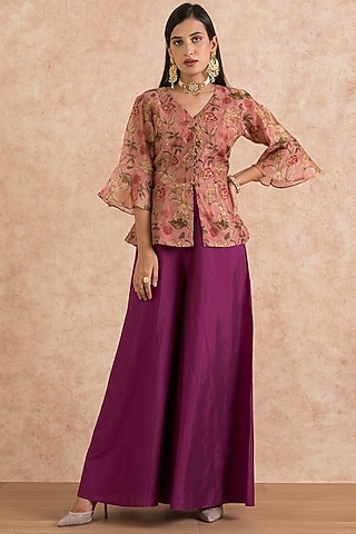 Wine Cotton Silk Flared Pant Set by Palak & Mehak