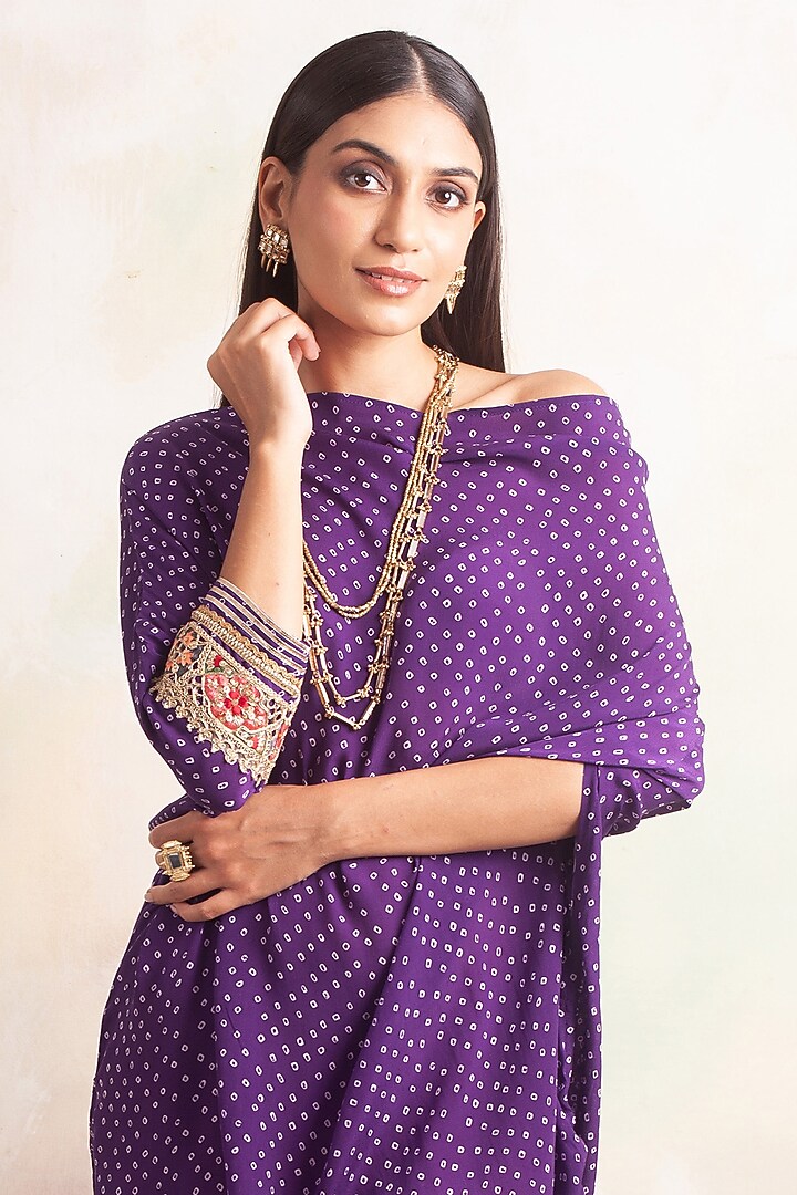 Purple Bandhani Printed Summer Dress by Palak & Mehak at Pernia's Pop Up Shop