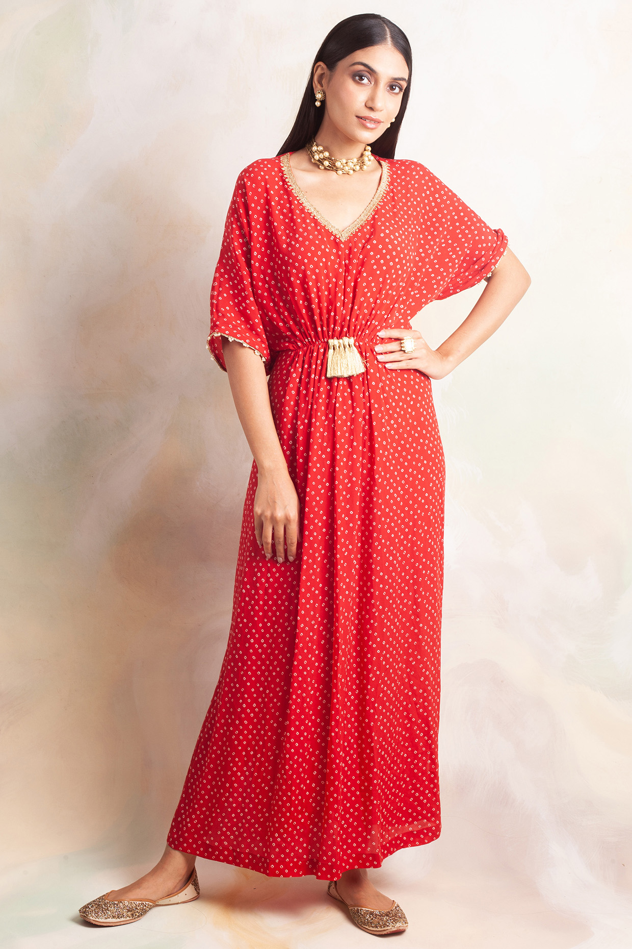 Red Bandhani Printed Kaftan by Palak & Mehak at Pernia's Pop Up Shop