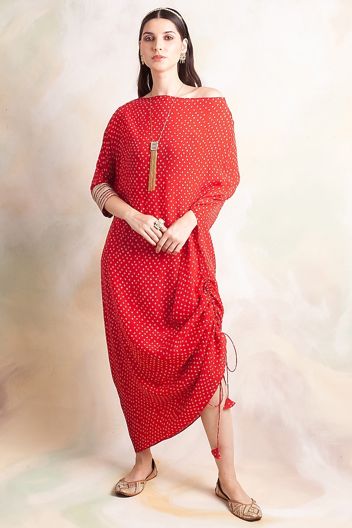 Red Bandhani Printed Dress by Palak & Mehak