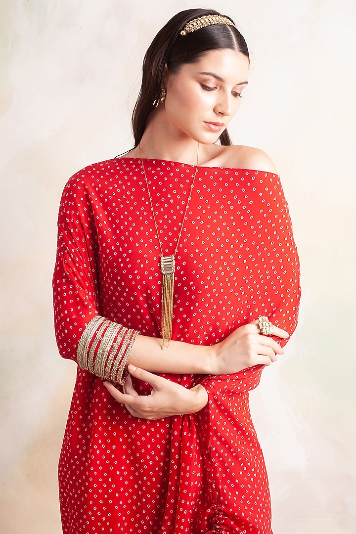 Red Bandhani Printed Summer Dress by Palak & Mehak at Pernia's Pop Up Shop