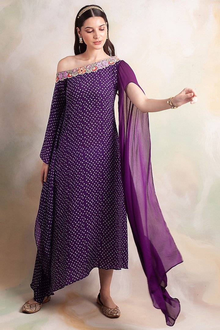 Purple Dress With Bandhani Print by Palak & Mehak