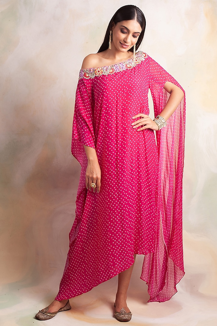 Pink Dress With Bandhani Print by Palak & Mehak