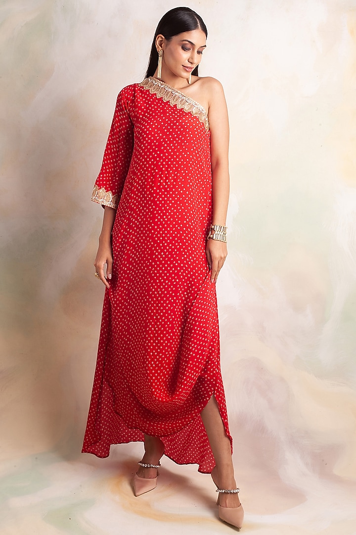 Red Crepe Printed Dress by Palak & Mehak