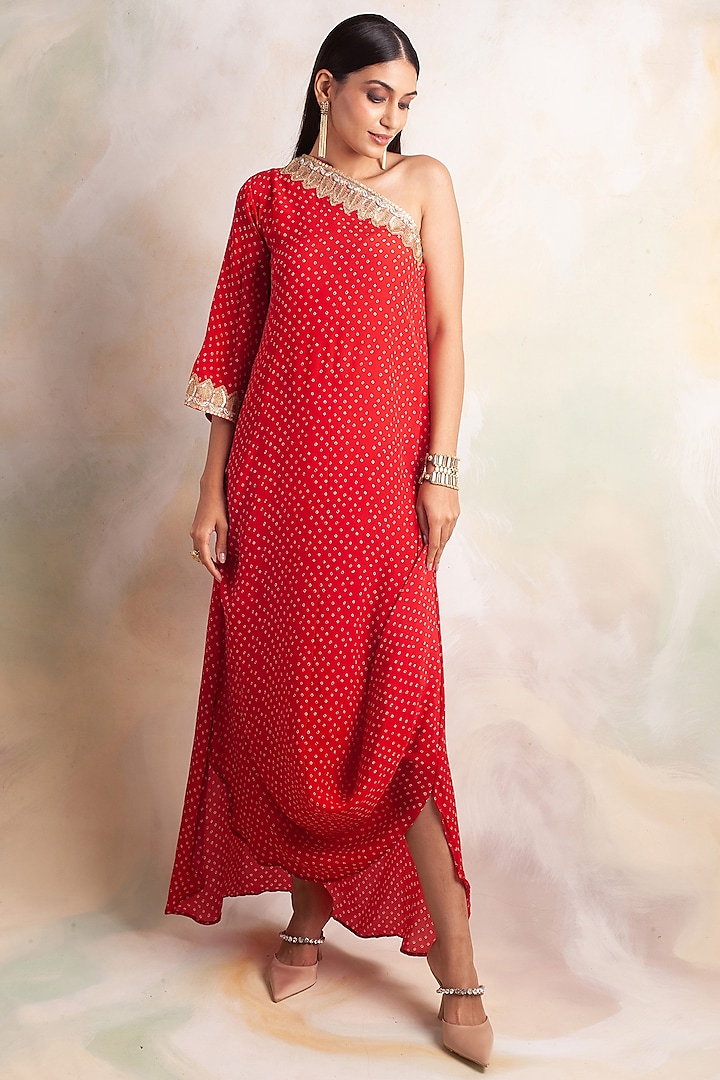 Red Crepe Printed Dress by Palak & Mehak at Pernia's Pop Up Shop