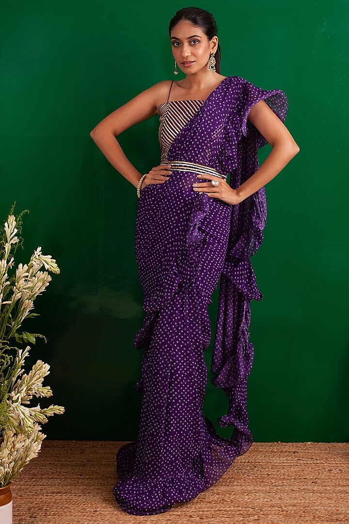 Purple Bandhani Printed Draped Saree by Palak & Mehak
