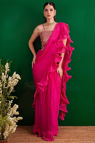 Fuchsia Pure Chinnon Draped Saree by Palak & Mehak