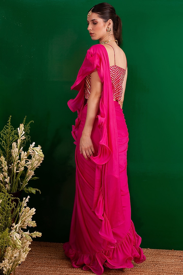 Fuchsia Pure Chinnon Draped Party Wear Saree by Palak & Mehak at Pernia's Pop Up Shop