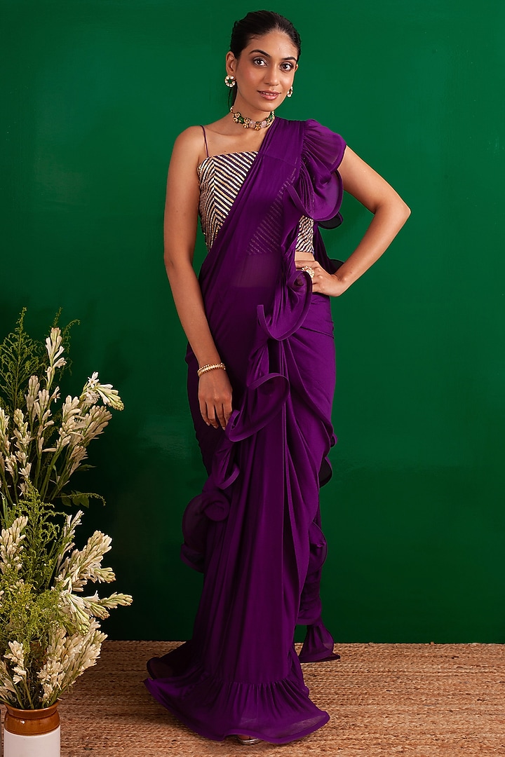 Purple Pure Chinnon Draped Saree by Palak & Mehak