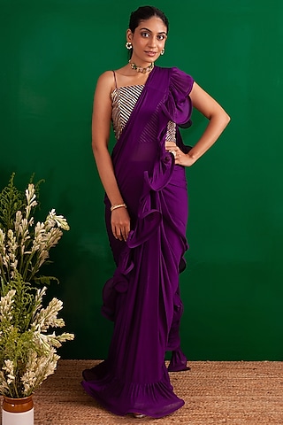 Purple Pure Chinnon Draped Saree by Palak & Mehak
