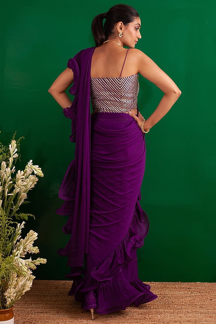 Purple Pure Chinnon Draped Party Wear Saree by Palak & Mehak at Pernia's Pop Up Shop