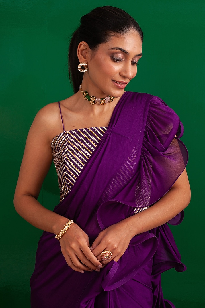 Purple Pure Chinnon Draped Party Wear Saree by Palak & Mehak at Pernia's Pop Up Shop