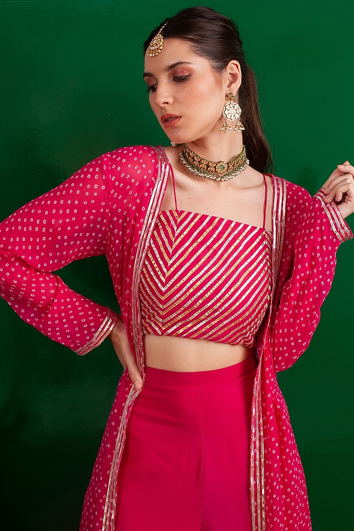 Pink Georgette Printed Jacket Set by Palak & Mehak at Pernia's Pop Up Shop