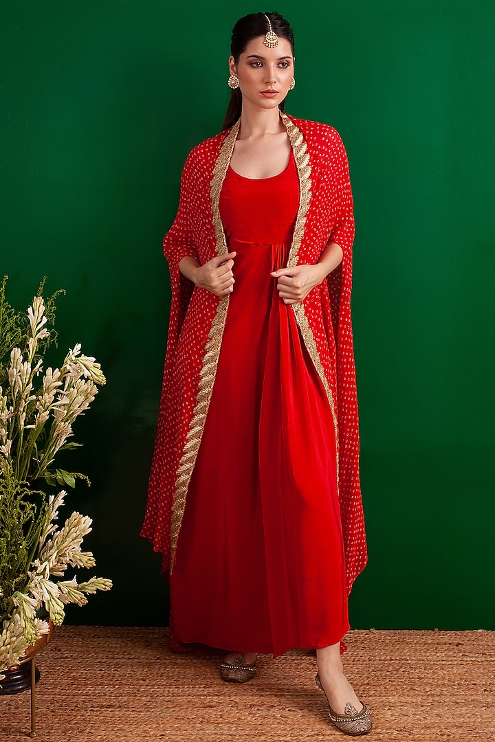 Red Bandhani Printed Jacket Dress by Palak & Mehak
