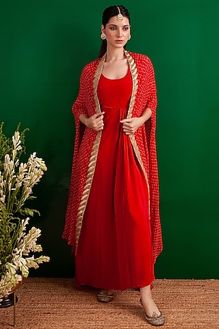 Red Bandhani Printed Jacket Dress by Palak & Mehak