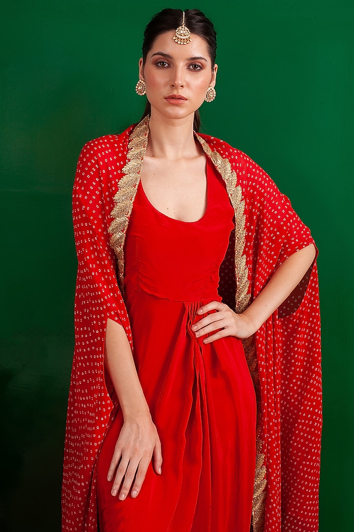 open lace back dress Torch Red Embroidered Dress With Long Jacket S