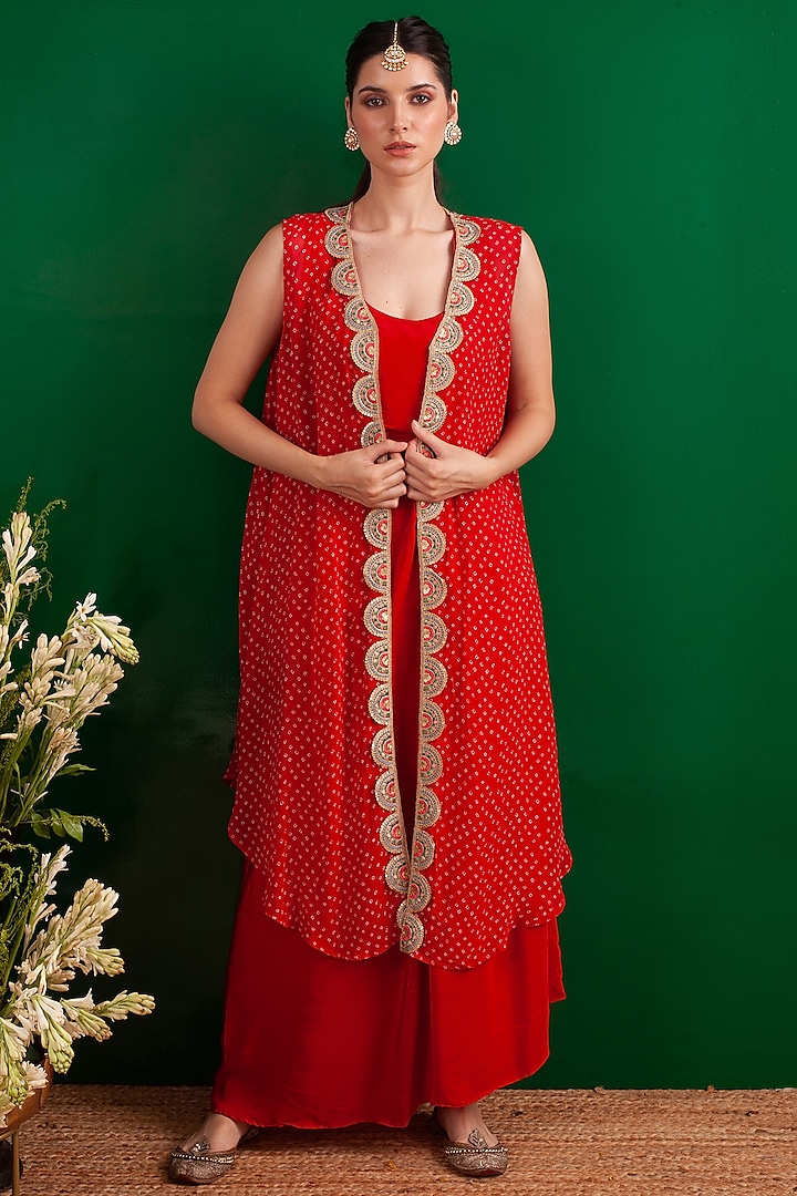 Red Jacket Dress With Bandhani Print by Palak & Mehak