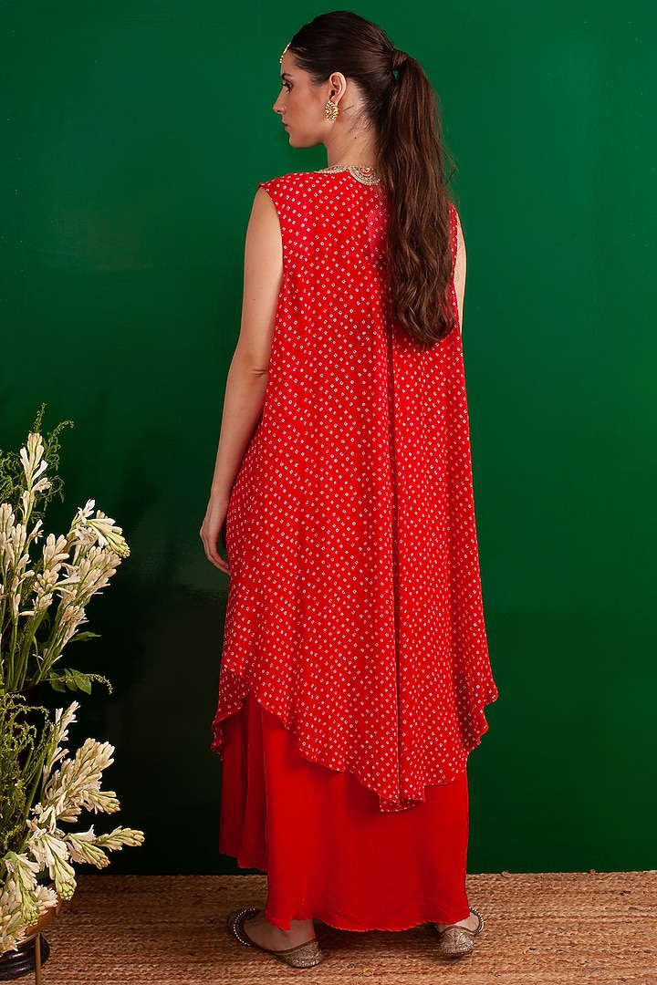 Red Jacket Vacation Dress With Bandhani Print by Palak & Mehak at Pernia's Pop Up Shop