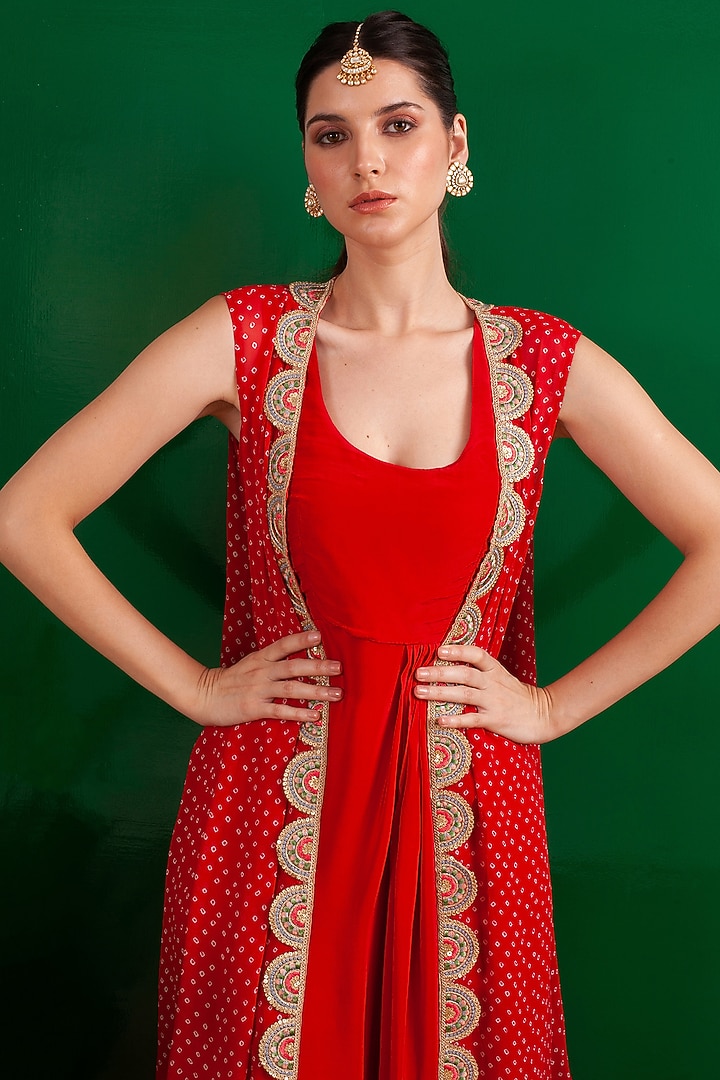 Red Jacket Vacation Dress With Bandhani Print by Palak & Mehak at Pernia's Pop Up Shop