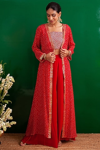 Red Jacket Set With Bandhani Print by Palak & Mehak