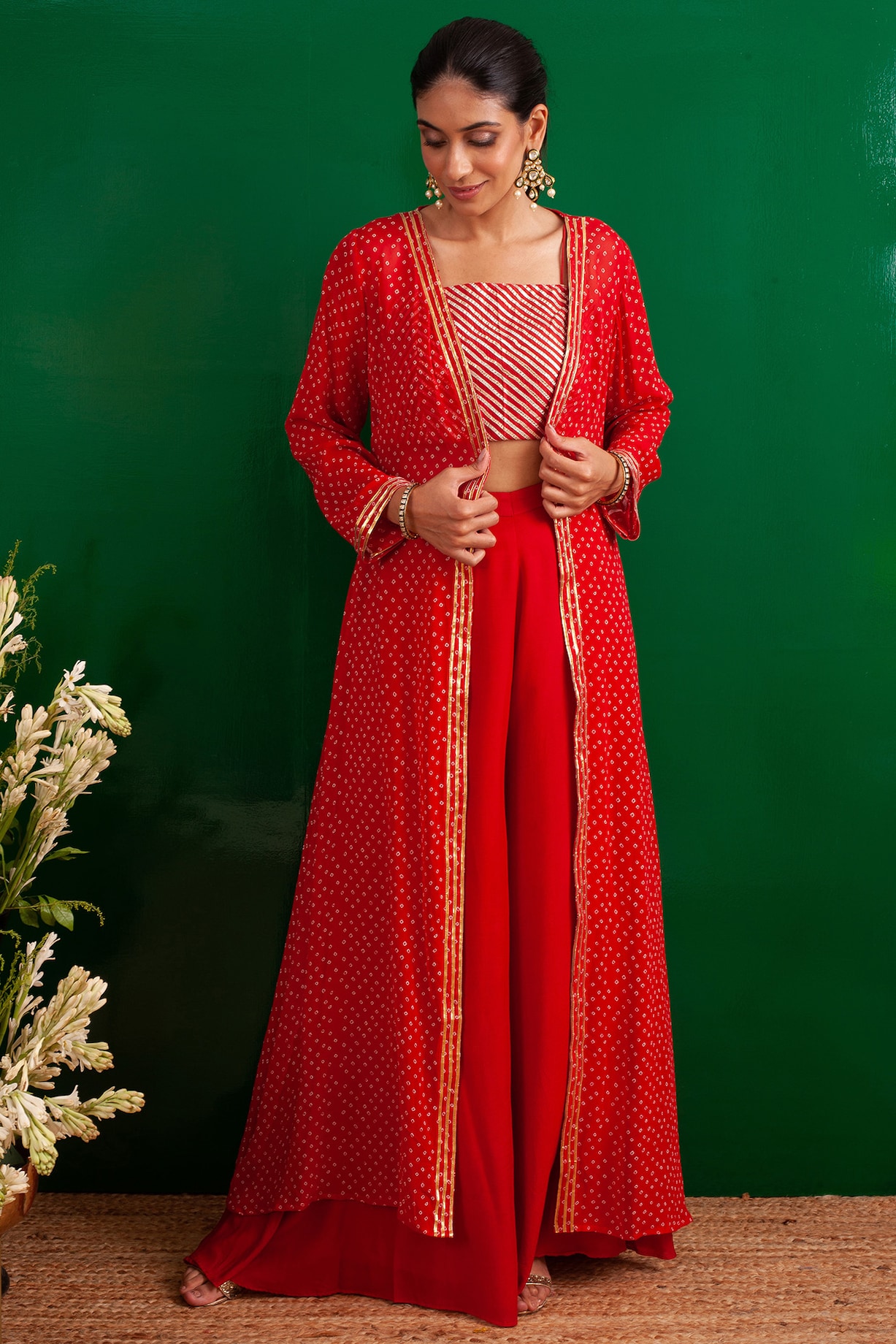 Red Jacket Set With Bandhani Print by Palak Mehak at Pernia's Pop Up Shop