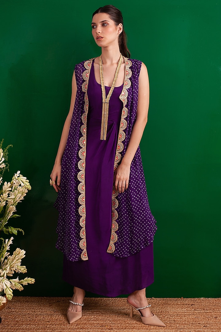Purple Crepe Jacket Dress by Palak & Mehak