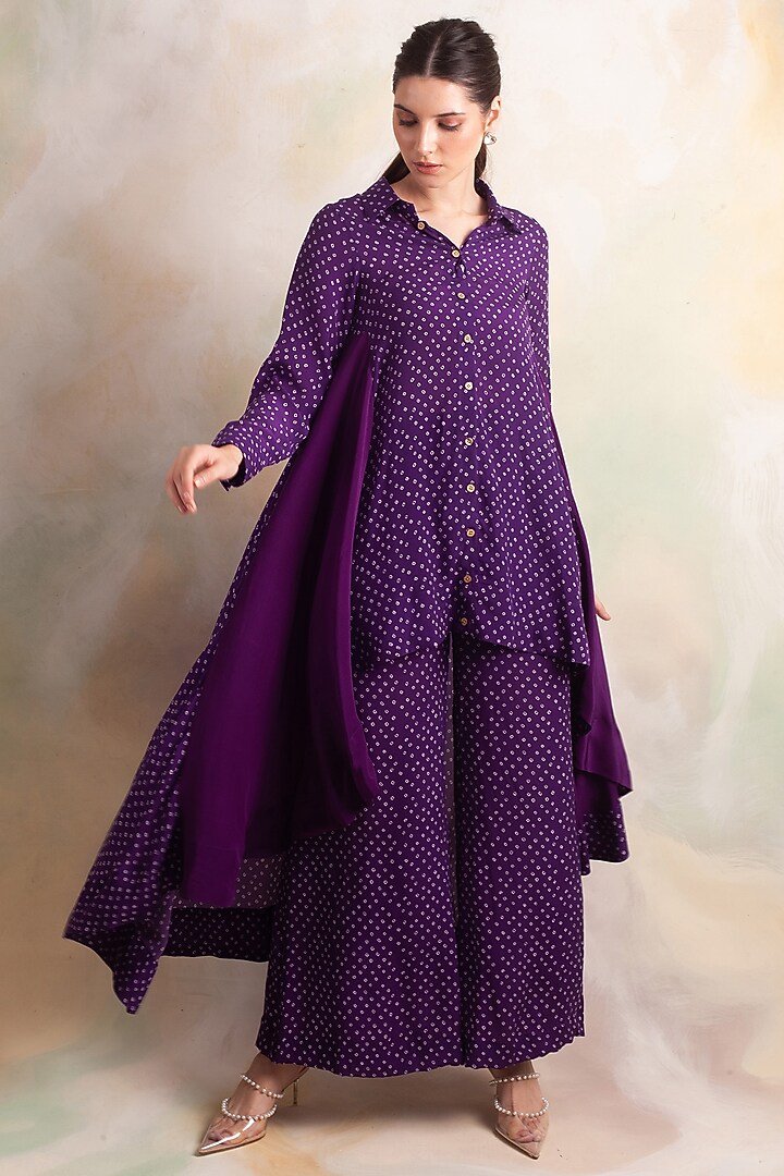 Purple Crepe Pant Set by Palak & Mehak at Pernia's Pop Up Shop