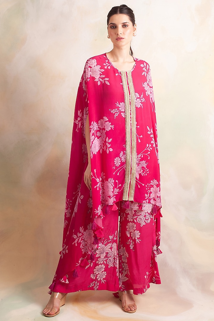 Fuchsia & Pink Printed Pant Set by Palak & Mehak