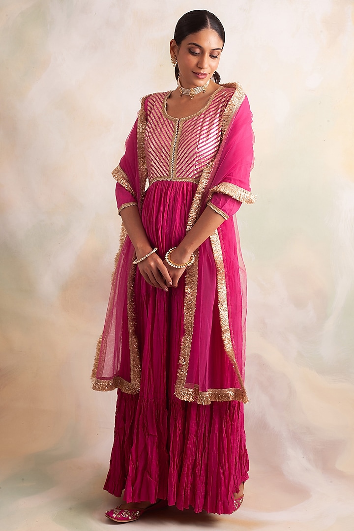 Pink Banarasi Anarkali Set by Palak & Mehak