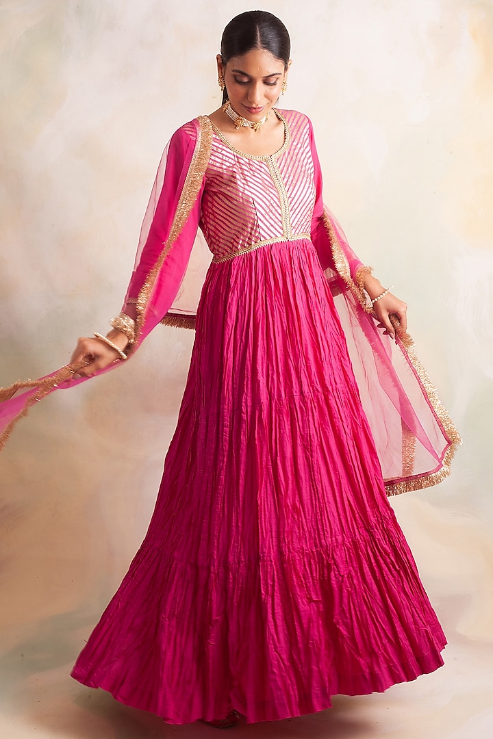 Pink Banarasi Anarkali Set by Palak & Mehak at Pernia's Pop Up Shop