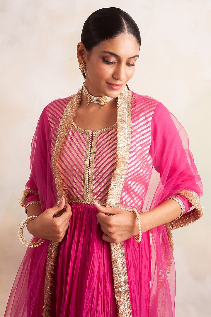 Pink Banarasi Anarkali Set by Palak & Mehak at Pernia's Pop Up Shop