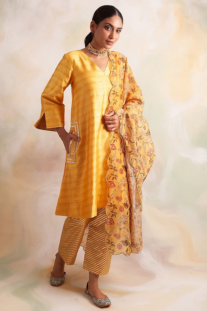 Mustard Dupion Silk Kurta Set by Palak & Mehak