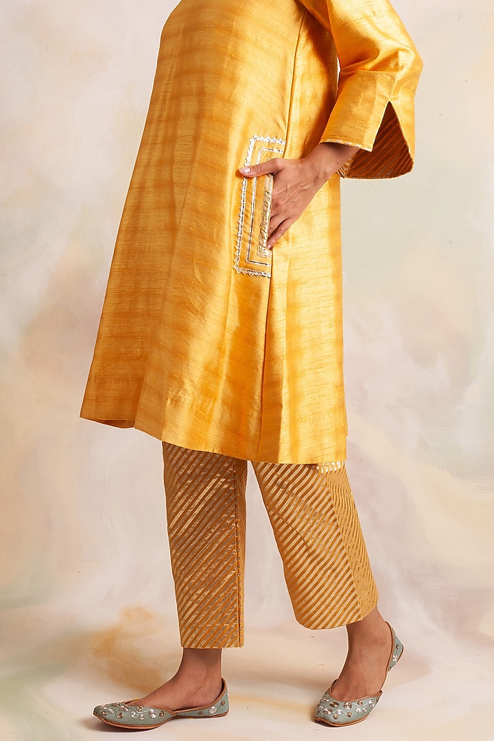 Mustard Dupion Silk Kurta Set by Palak & Mehak at Pernia's Pop Up Shop