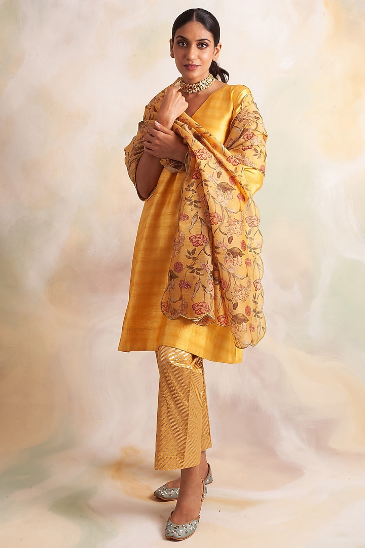 Mustard Dupion Silk Kurta Set by Palak & Mehak at Pernia's Pop Up Shop