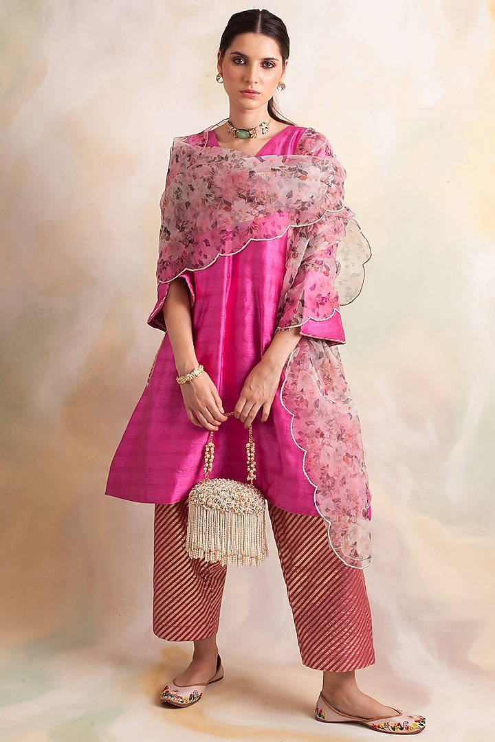Fuchsia Pink Dupion Silk Kurta Set by Palak & Mehak