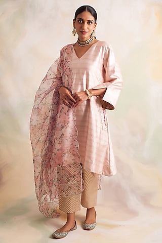 Beige Dupion Silk Kurta Set by Palak & Mehak