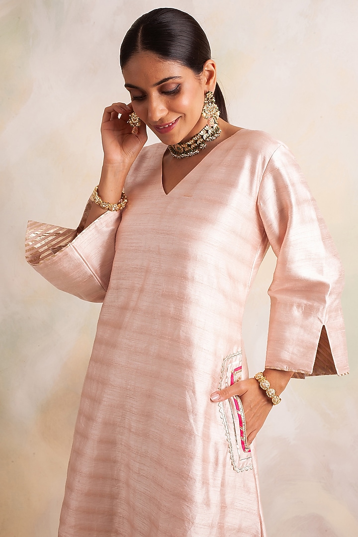 Beige Dupion Silk Kurta Set by Palak & Mehak at Pernia's Pop Up Shop