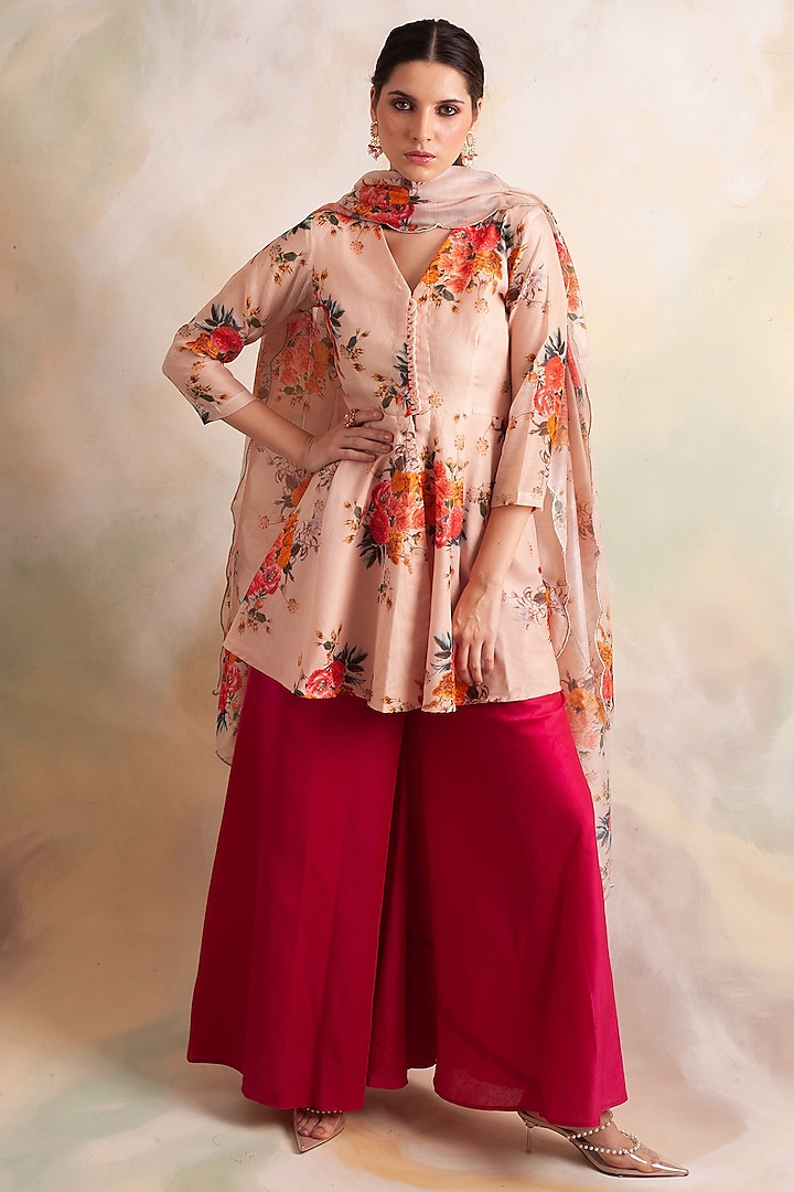 Red Cotton Silk Pant Set by Palak & Mehak