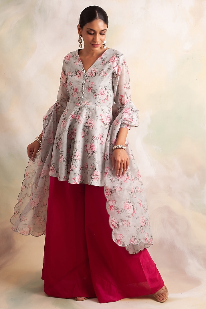 Deep Red Cotton Silk Pant Set by Palak & Mehak