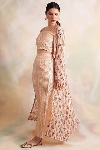 Peach Georgette Printed Jacket Set by Palak & Mehak