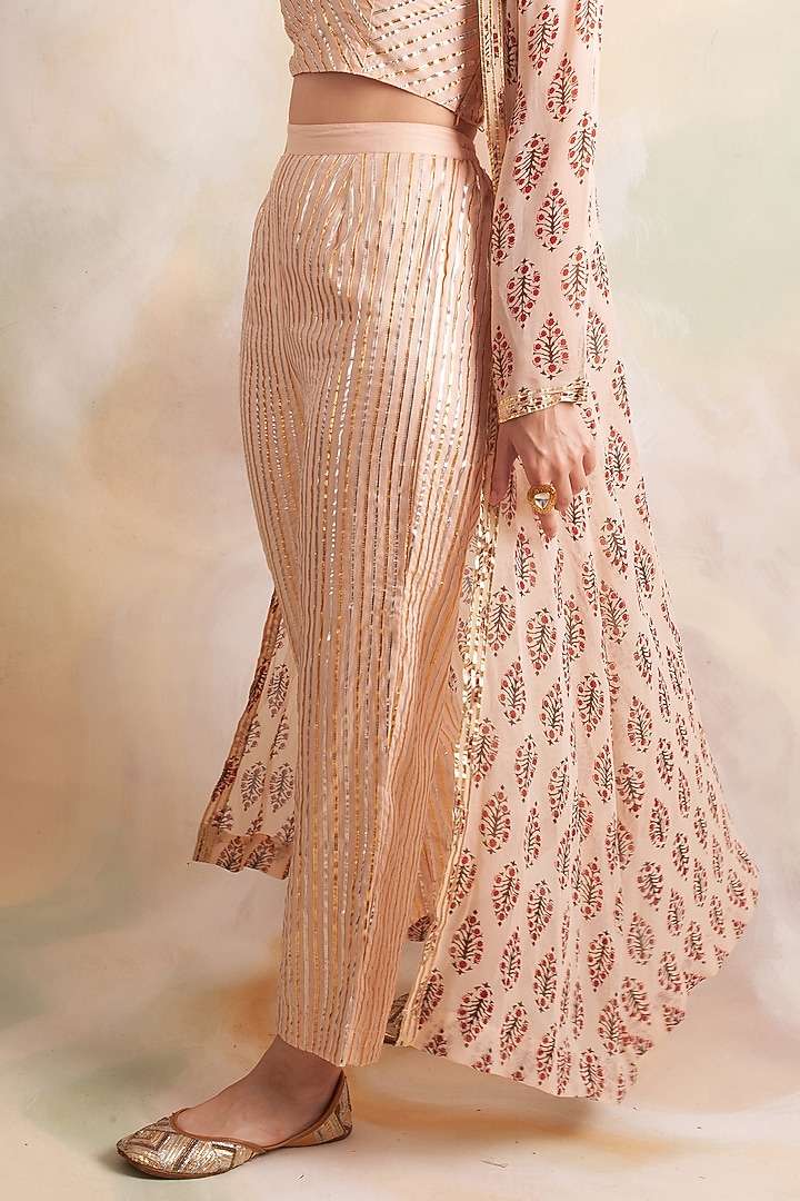 Peach Georgette Printed Jacket Set by Palak & Mehak at Pernia's Pop Up Shop
