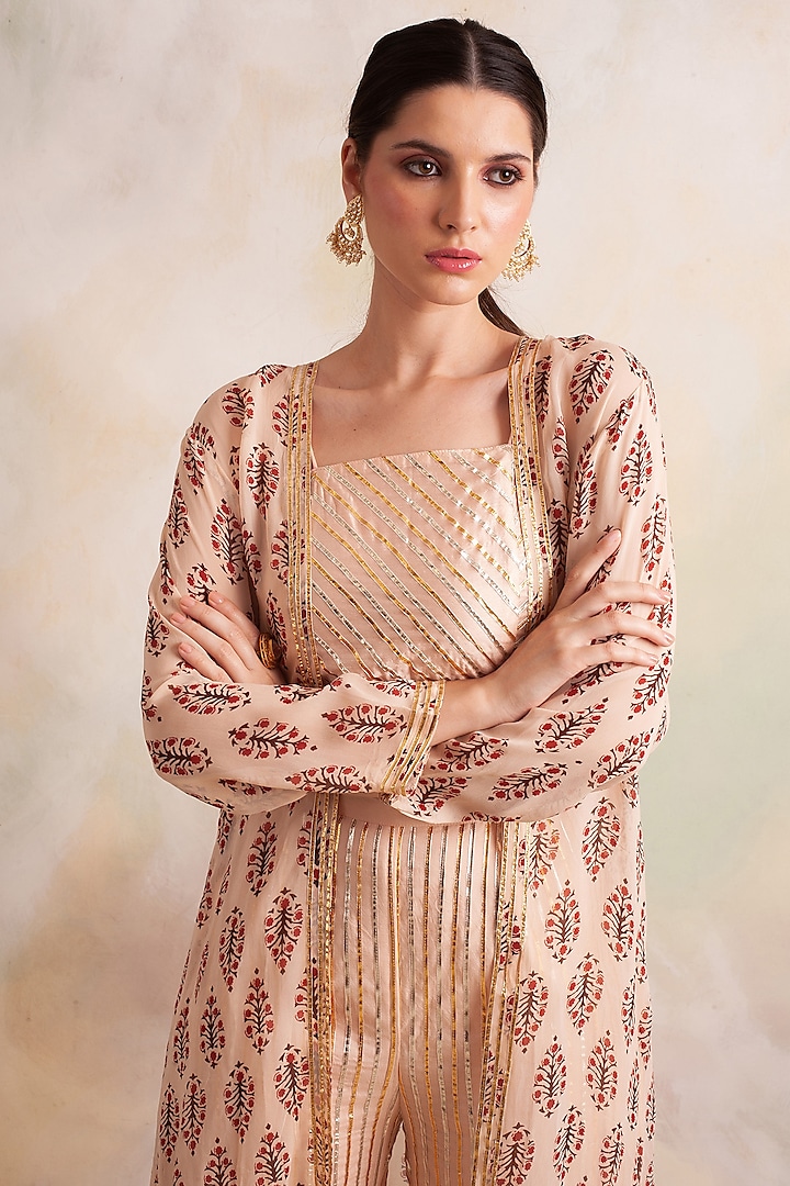 Peach Georgette Printed Jacket Set by Palak & Mehak at Pernia's Pop Up Shop