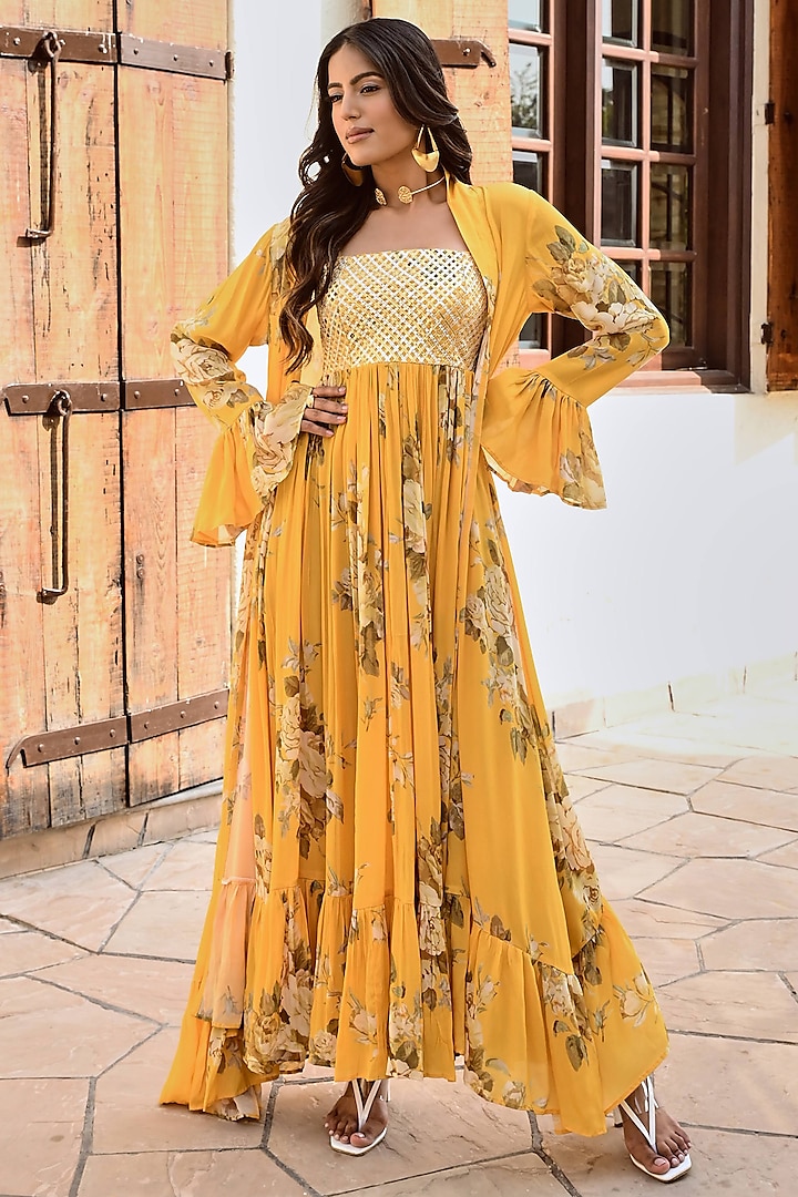 Mustard Pure Crepe Floral Jacket Dress by Palak & Mehak at Pernia's Pop Up Shop