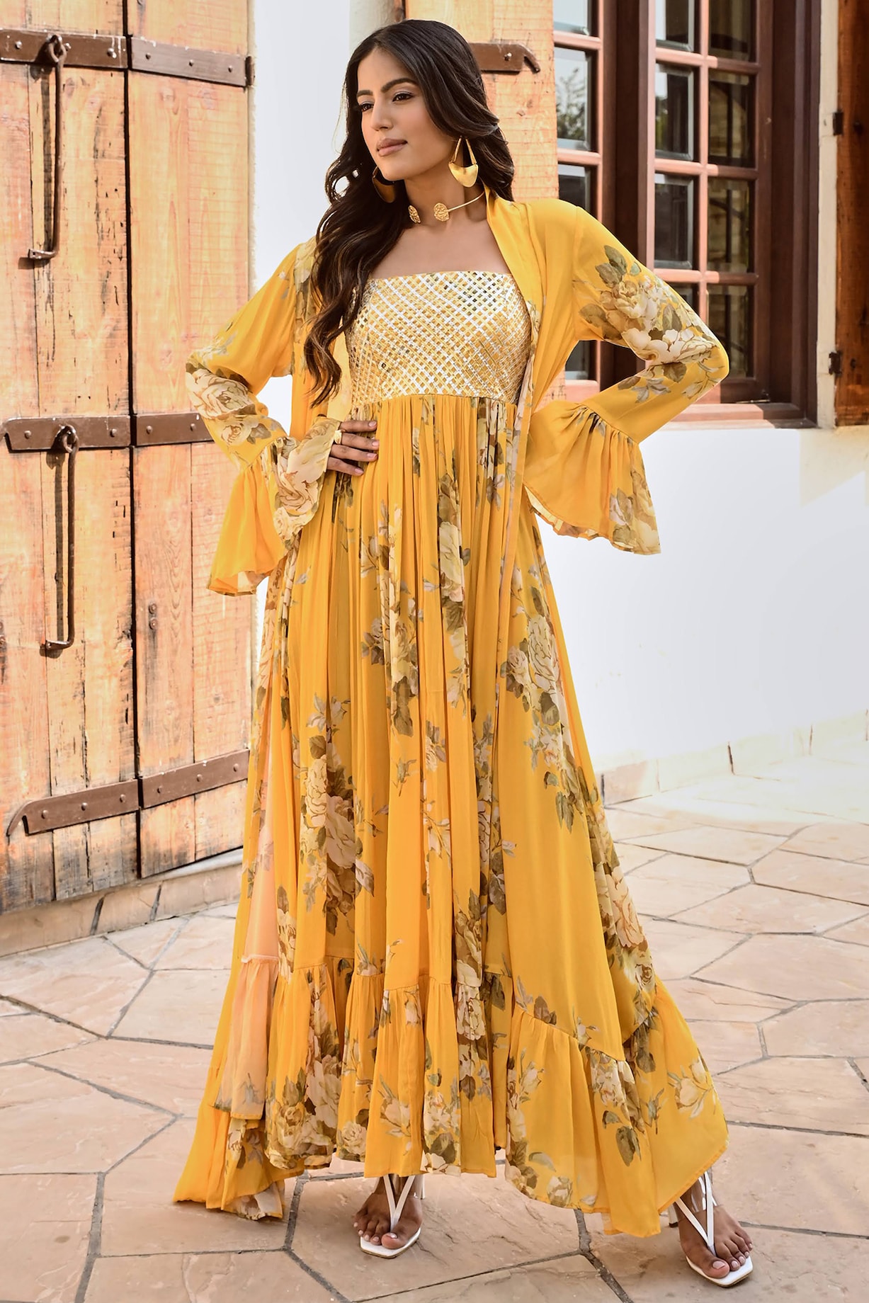 white christmas dresses Black Floral Jacket Anarkali Dress main image 1